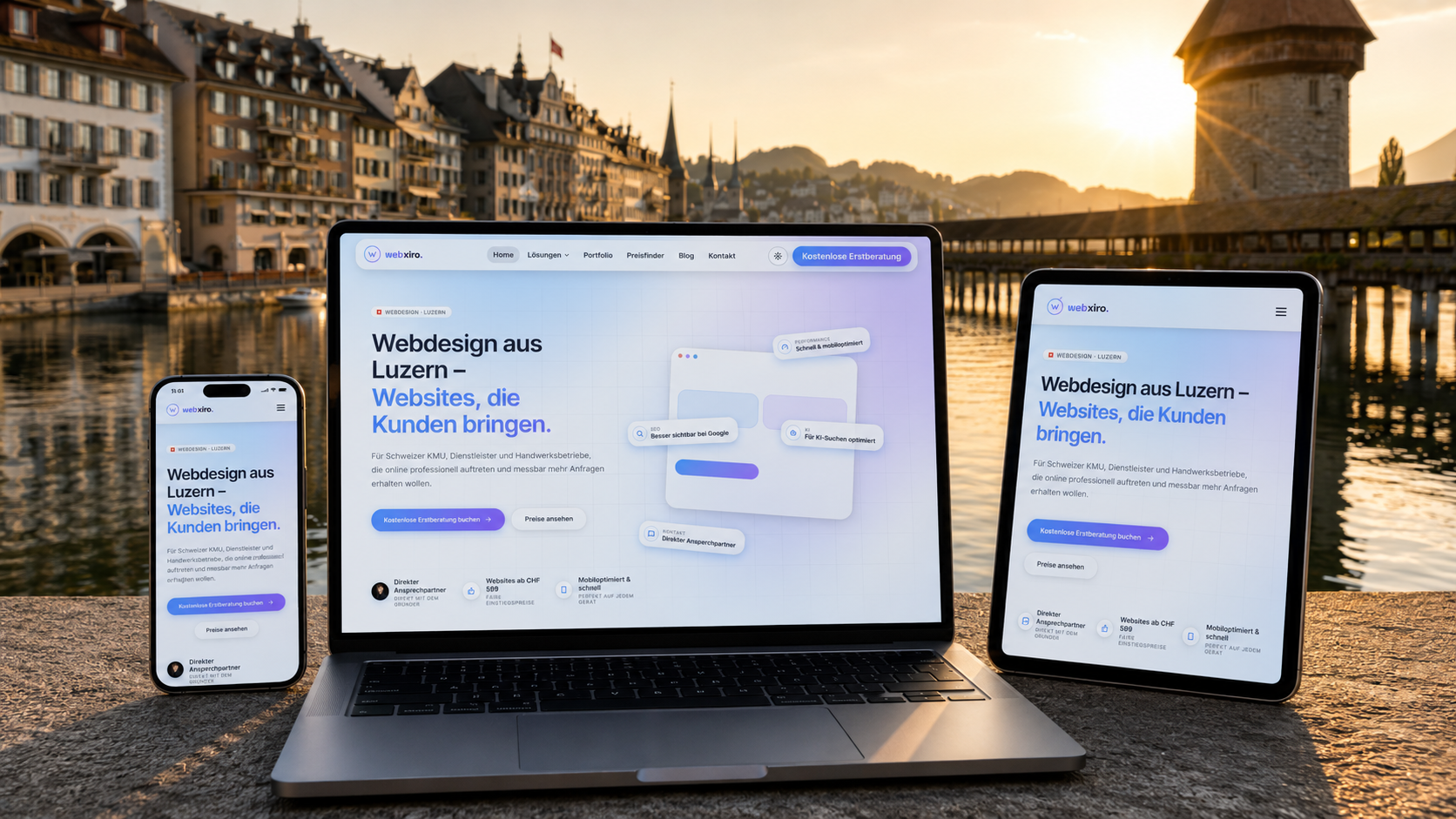 Webxiro Webdesign Luzern – Website auf Laptop, Tablet und Smartphone vor der Kapellbrücke und dem Wasserturm in Luzern