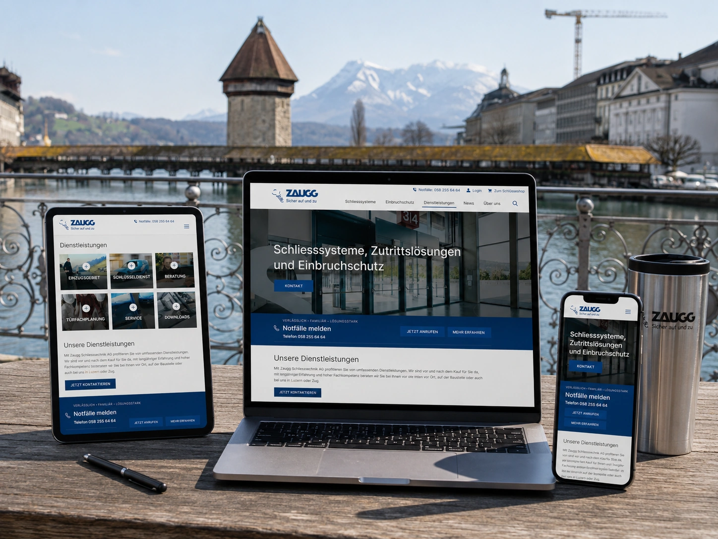 Webdesign Referenz Zaugg Schliesstechnik Luzern – responsive Website auf Laptop, Tablet und Smartphone vor Kapellbrücke und Pilatus