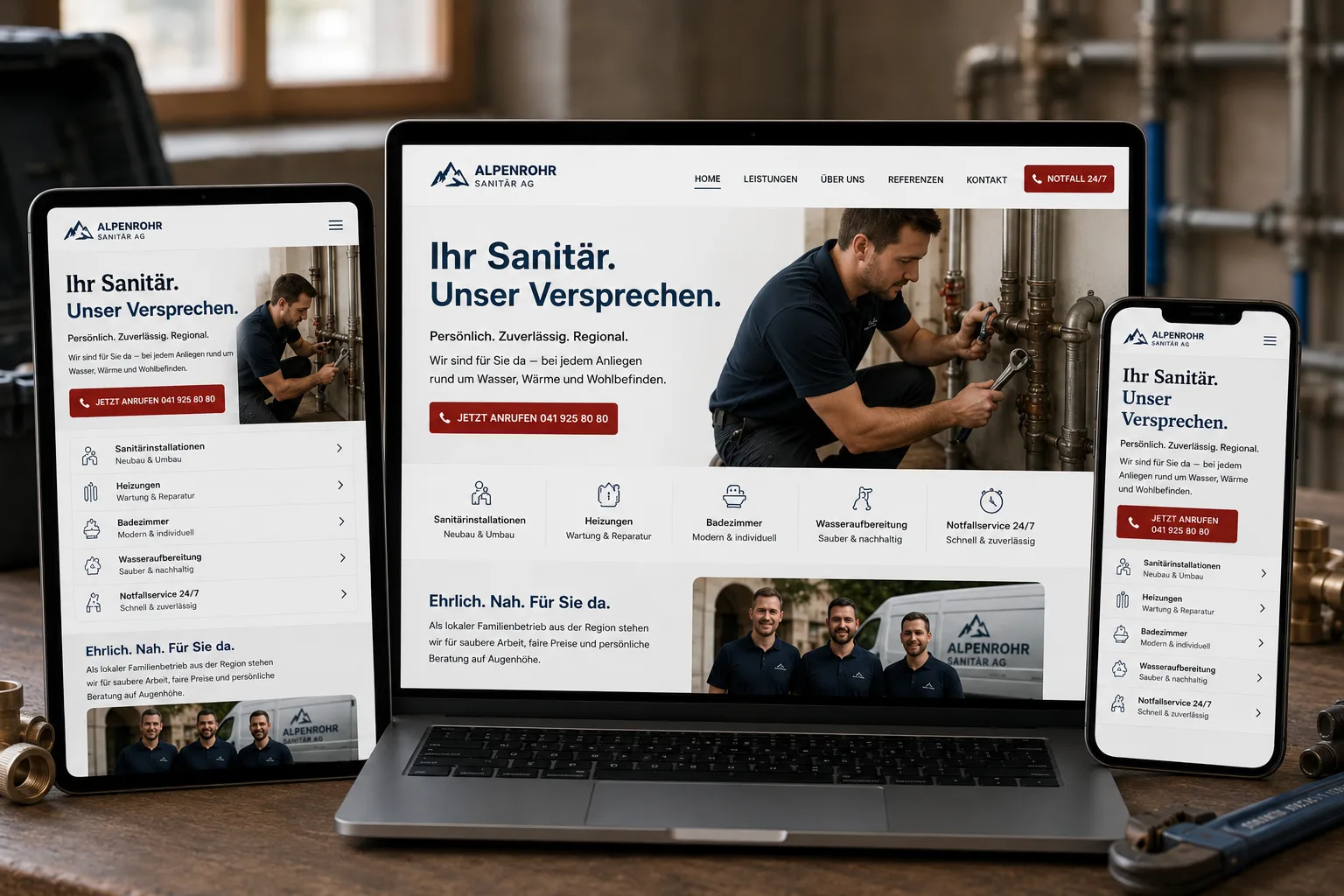 Website Case Study für Alpenrohr Sanitär AG in Aarau mit Notfall-CTA, Serviceübersicht und mobiler Nutzerführung.