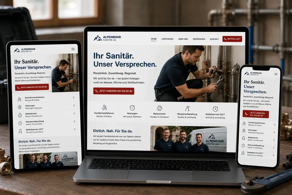 Website Case Study für Alpenrohr Sanitär AG in Aarau mit Notfall-CTA, Serviceübersicht und mobiler Nutzerführung.