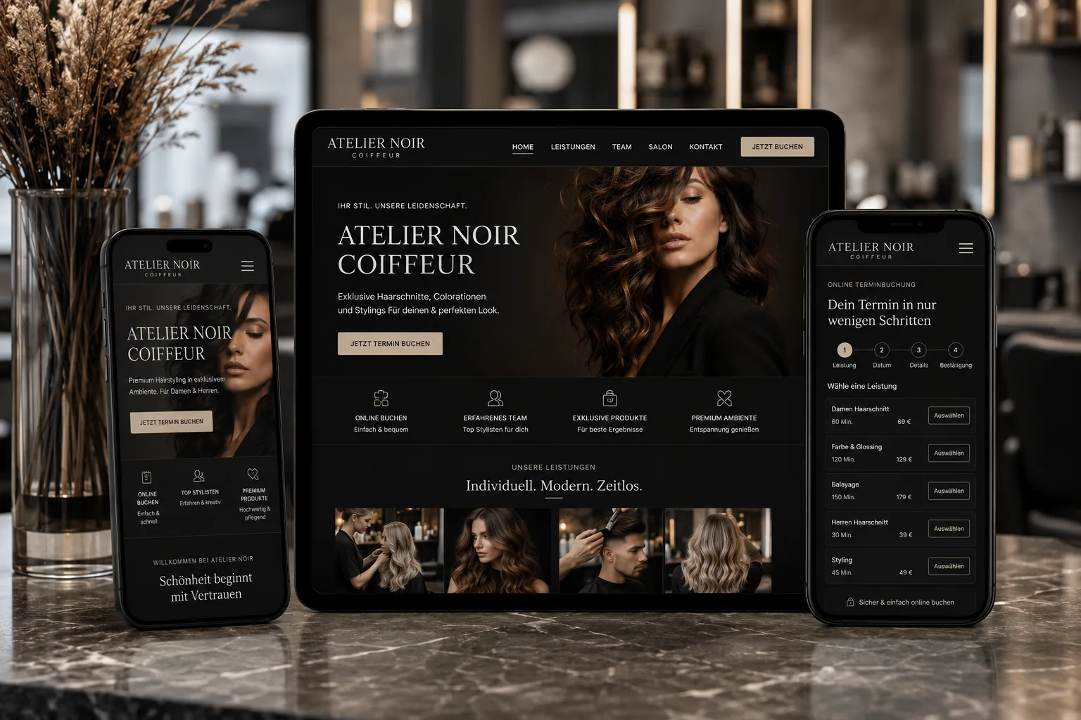 Premium Coiffeur-Website für Atelier Noir in St. Gallen mit dunkler Editorial-Ästhetik und Online-Terminbuchung.