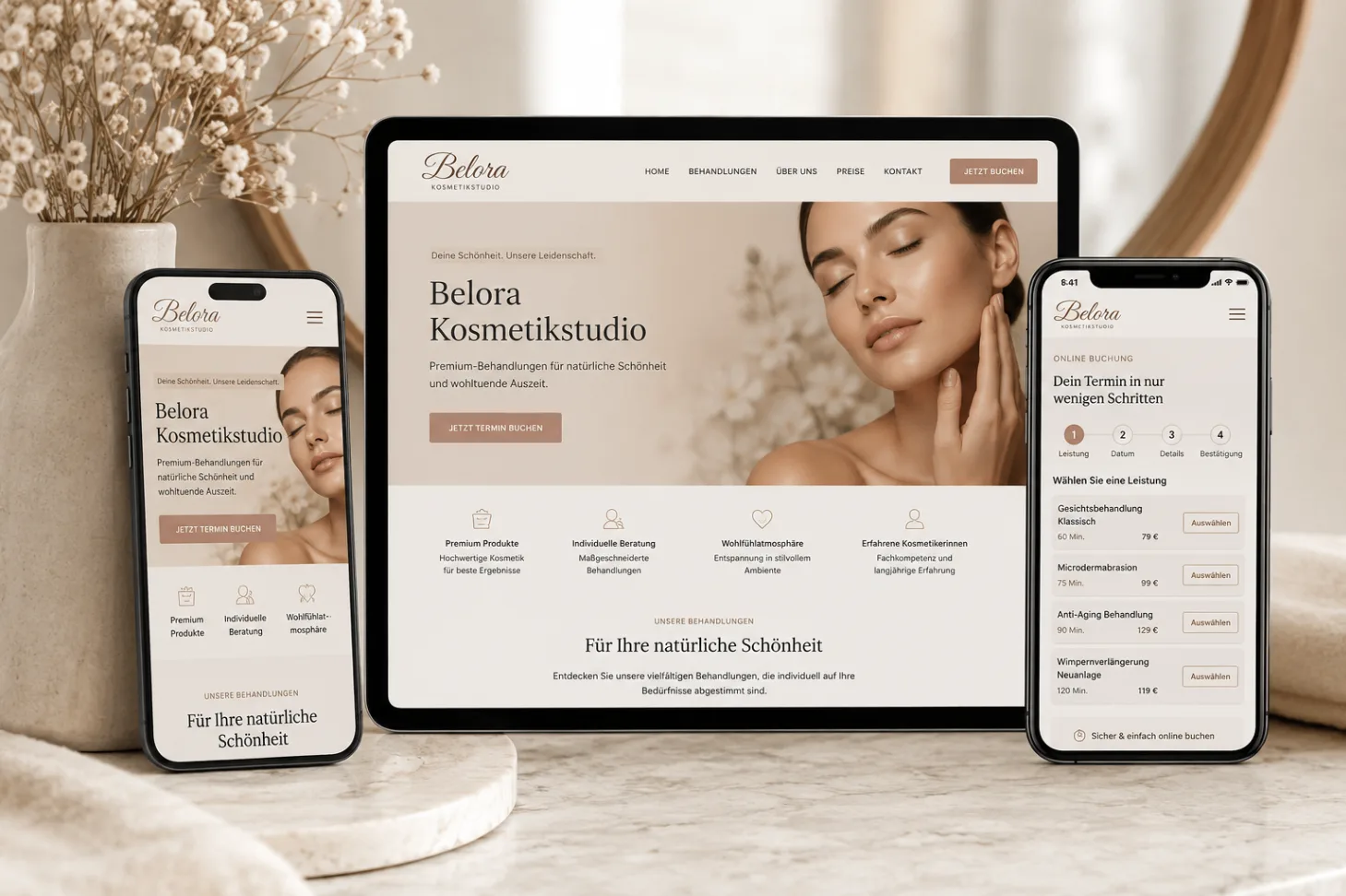 Premium Website Case Study für Belora Kosmetikstudio in Luzern mit heller Beauty-Ästhetik und Online-Buchung auf mehreren Geräten.