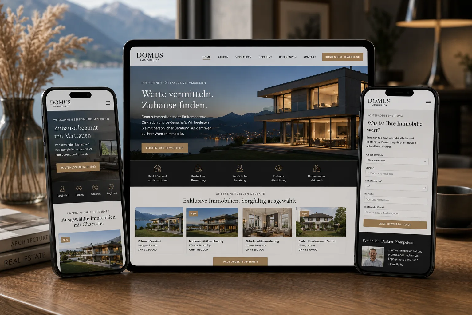 Premium Immobilien-Website für Domus Immobilien in Zug mit Objektpräsentation, Bewertungsformular und responsiven Ansichten.