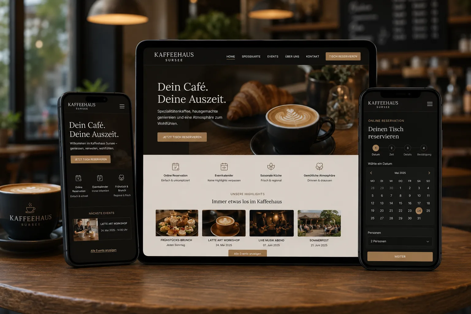 Website Case Study für Kaffeehaus Sursee mit Reservierungssystem, Eventkalender und Café-Atmosphäre auf Tablet und Smartphone.
