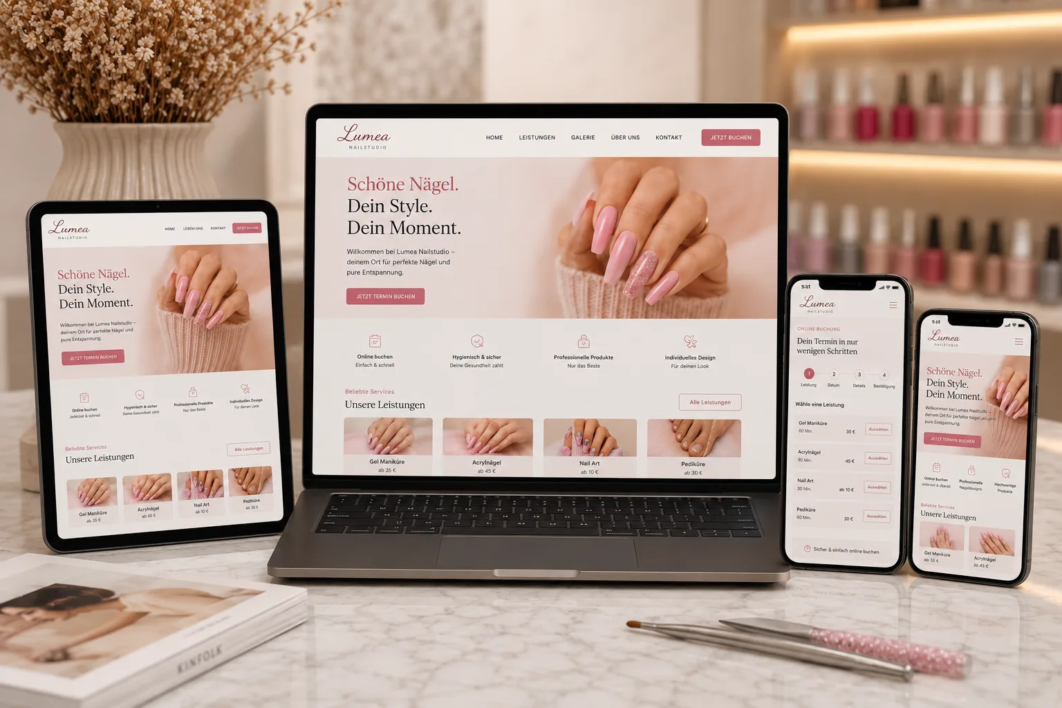 Website Case Study für Lumea Nailstudio in Zug mit roséfarbenem Design, Serviceübersicht und mobiler Terminbuchung.