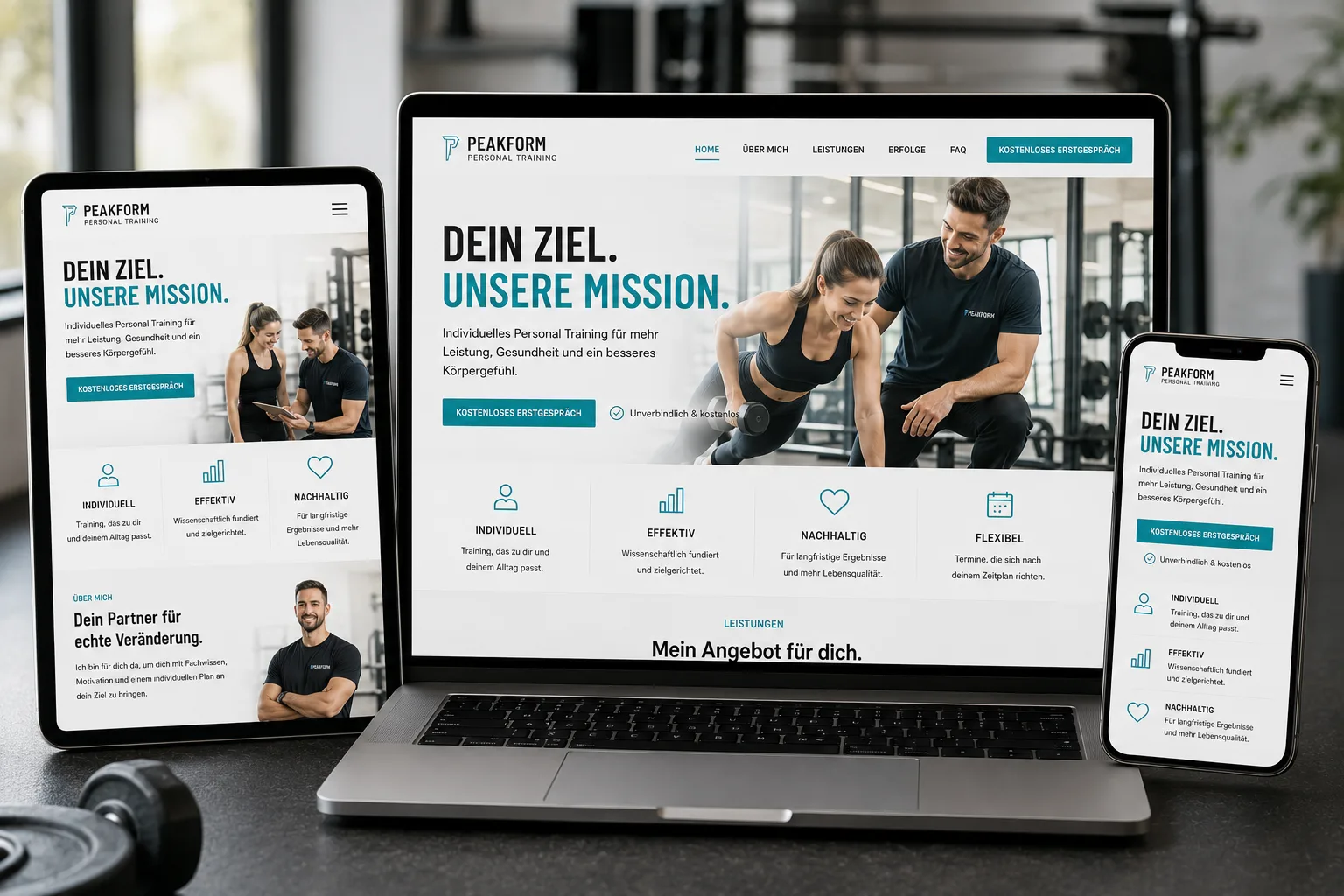 Premium Website Case Study für PeakForm Personal Training in Zürich mit Lead-Funnel und Terminbuchung auf Desktop, Tablet und Smartphone.