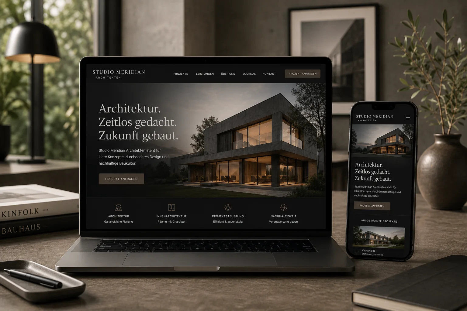 Architektur-Portfolio Website für Studio Meridian in Zürich mit dunkler Premium-Ästhetik und grossformatiger Projektpräsentation.